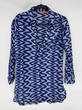 Oliphant Blue Zigzag 100% cotton lightweight long sleeve top Women's size Small